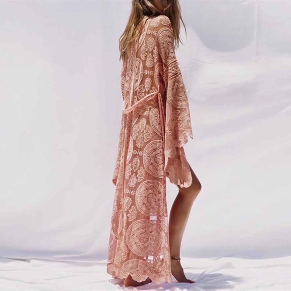 Boho Peachy Cream Scalloped Embroidered Malie Kimono Duster, Stressed Lace - Picture 7 of 8